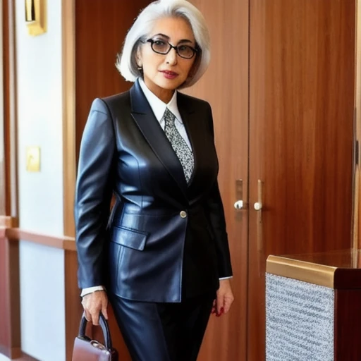 A 66-year-old Iranian beauty is dressed in an official leather secretary suit...((62 years old))