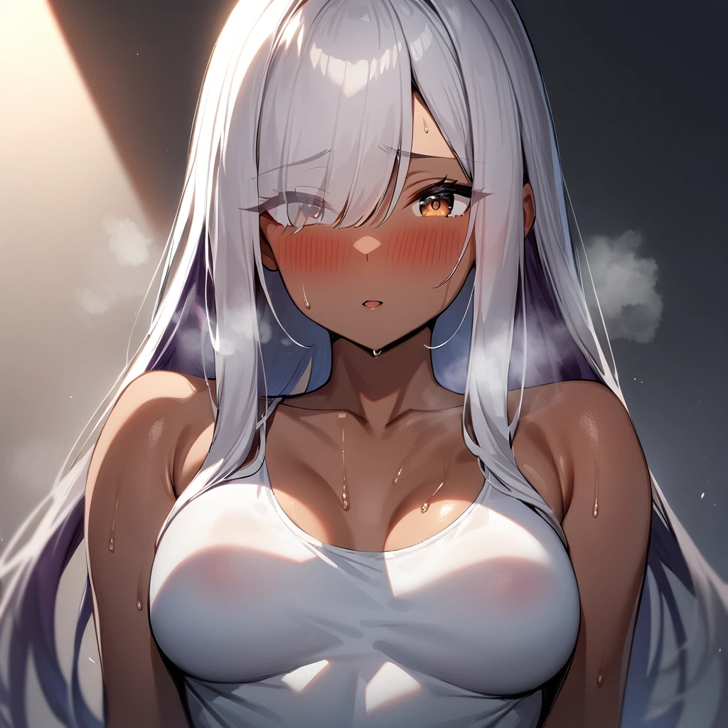 nsfw,(2girls:1.5),(duo:1.5),breasts apart,(medium breasts:1.5),(sidelocks:1.5),(front View),straight-on,sexually suggestive,(in heat:1.5),(big Breast),(heavy breathing:1.5),(eyes visible through hair:1.5),very sweaty,dark purple hair,(brown eyes),hair over eye,blush,(Heavy Breathing:1.3),(Steaming body:1),(From View),(straight-on),(upper body),(masterpiece),best quality,very aesthetic,absurdres,straight hair,(female:1.4),(curvy:1),(deep_skin:1.3),tan,(light skin),(White hair:1.4),(medium shot:1.5)