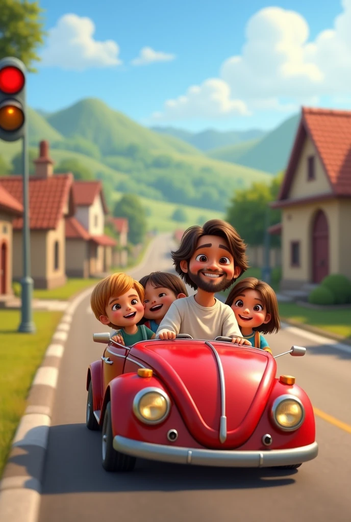 I want an image that has the Disney Pixar style, where Jesus is driving a round car, without hood, with 4  in the back seat. He must be driving on a road and behind there is a small town. The image must contain automotive characters with an appearance . Try to make Jesus look less adult, and cuter. The background should be more blurred.. The car should be red and have a traffic light next to it.. To have a hilltop scenery in the background without houses. There should be no houses in the image 