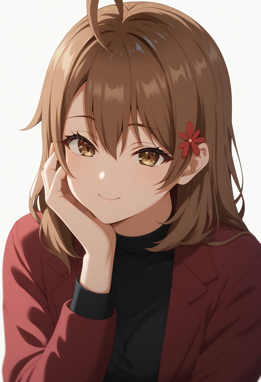 anime girl with long brown hair, extremely cute anime girl face, cute natural anime face, mariamikhailovnakujou, medium hair, bangs, brown hair, hair ornament, hair between the eyes, brown eyes, Ahoge, lounge wear