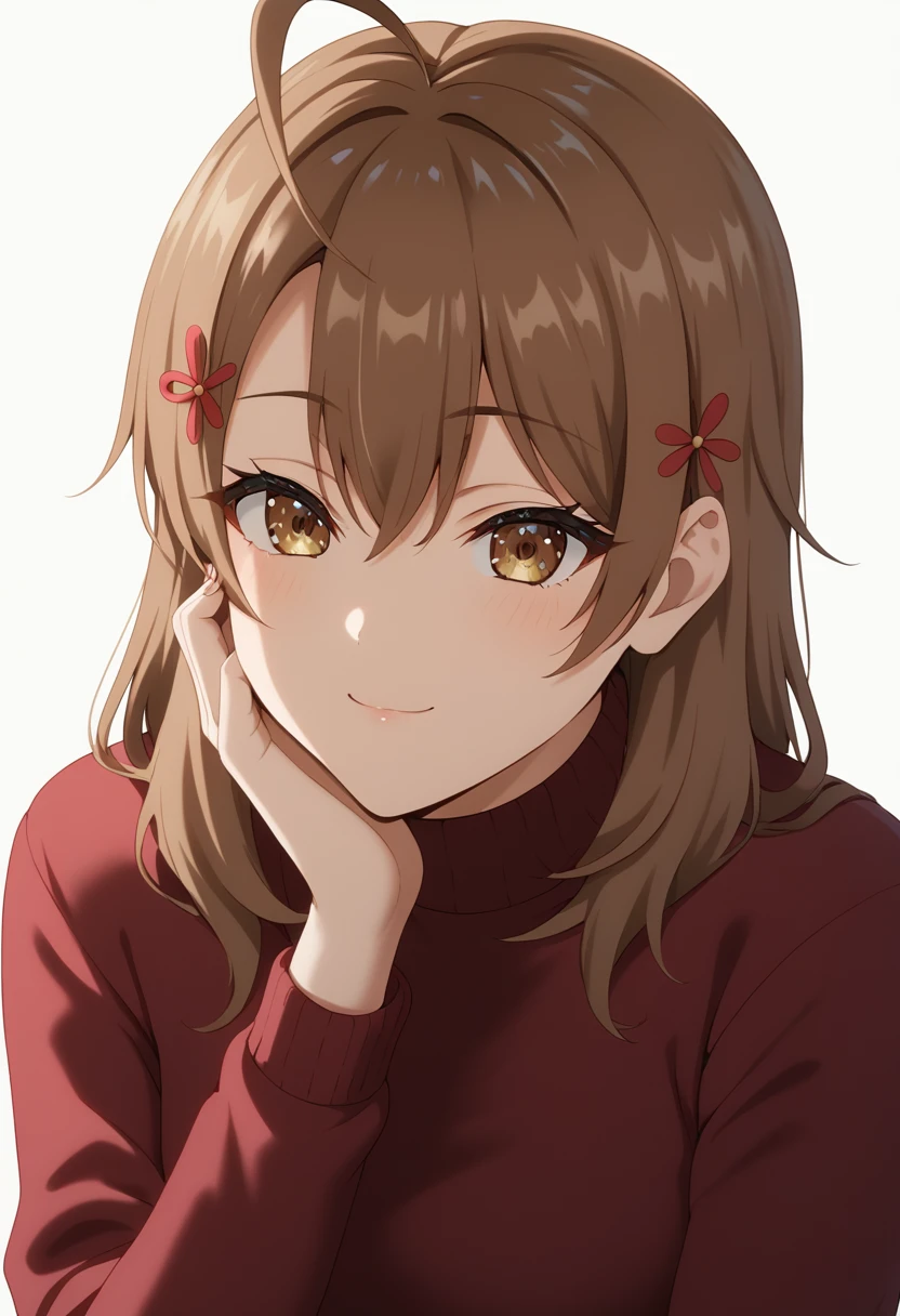 anime girl with long brown hair, extremely cute anime girl face, cute natural anime face, mariamikhailovnakujou, medium hair, bangs, brown hair, hair ornament, hair between the eyes, brown eyes, Ahoge, lounge wear