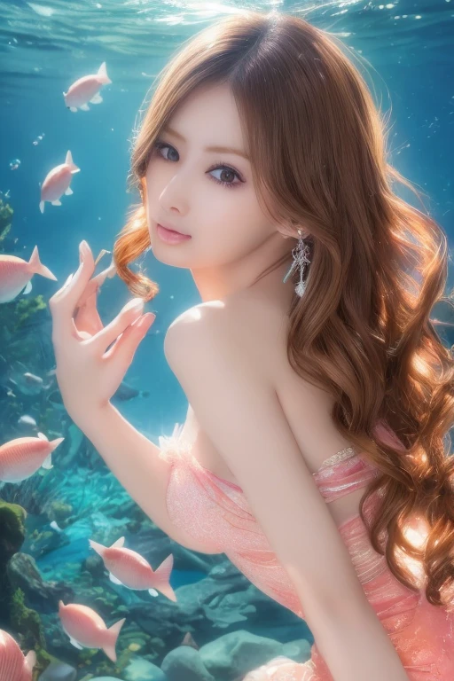 1girl, Japanese mermaid, long wavy hair, beautiful detailed eyes, beautiful detailed lips, extremely detailed face, long eyelashes, elegant mermaid tail, translucent skin, underwater scene, coral reef, sunlight shimmering through water, serene expression, 8k, best quality, highres, photorealistic, masterpiece, intricate details, vibrant colors, dramatic lighting、Belly button、(((Anatomically correct)))、((Random camera angle))、Large tattoo on the right shoulder