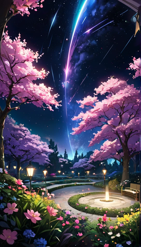 Representative works, concept art, panorama, center, shape, wide shot, garden, night, (meters), space galaxy background (great composition; epic scale), dynamic lighting; bright colors; cherry blossoms; 1 Girl; shiny particles of light 、 heart , heart , love affair, shooting star,