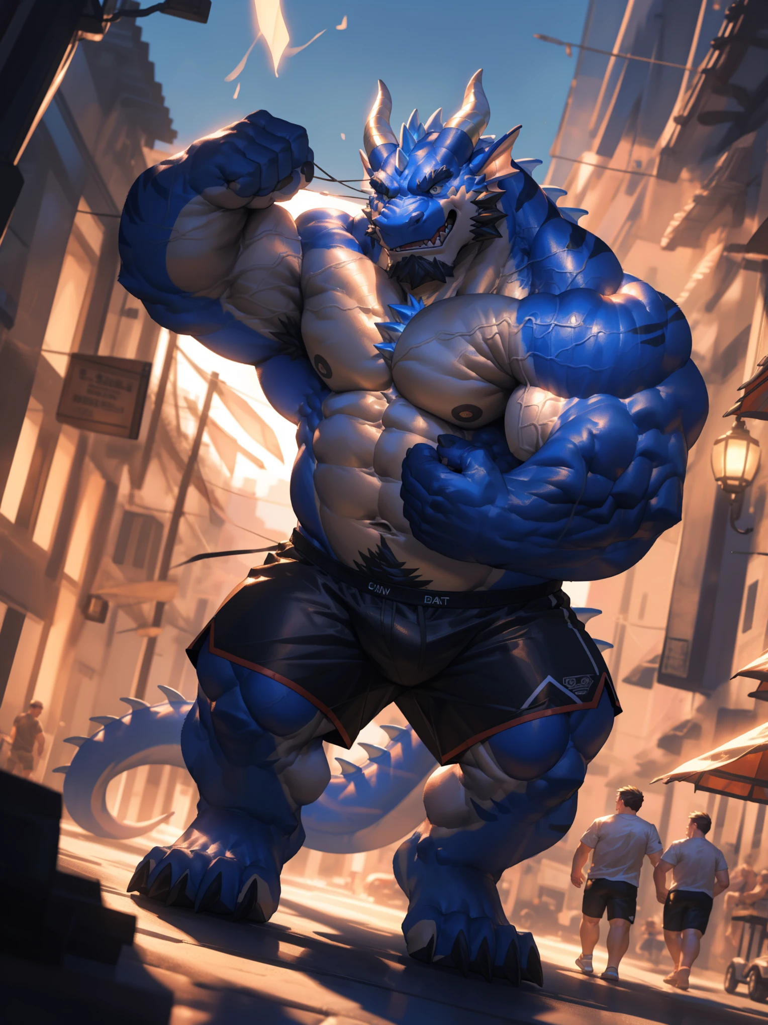 huge muscular furry dragon and (human) muscular old man, male focus, muscular, shorts, shirtless, (4k,high quality,high resolution,masterpiece),cartoon,by lindong,(extremely detailed face and body,hyperrealistic rendering,dynamic poses,cinematic lighting,vibrant colors)