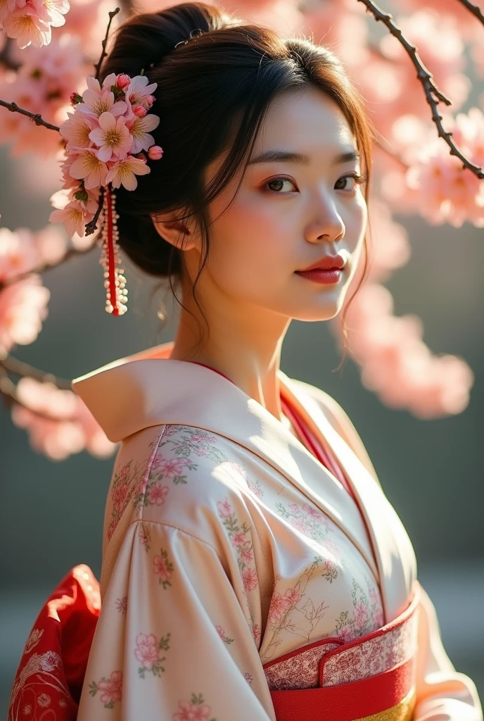 An elegantly dressed Japanese woman in natural light、A close-up of her chest and calm expression.、It shows her inner peace and outer charm.。