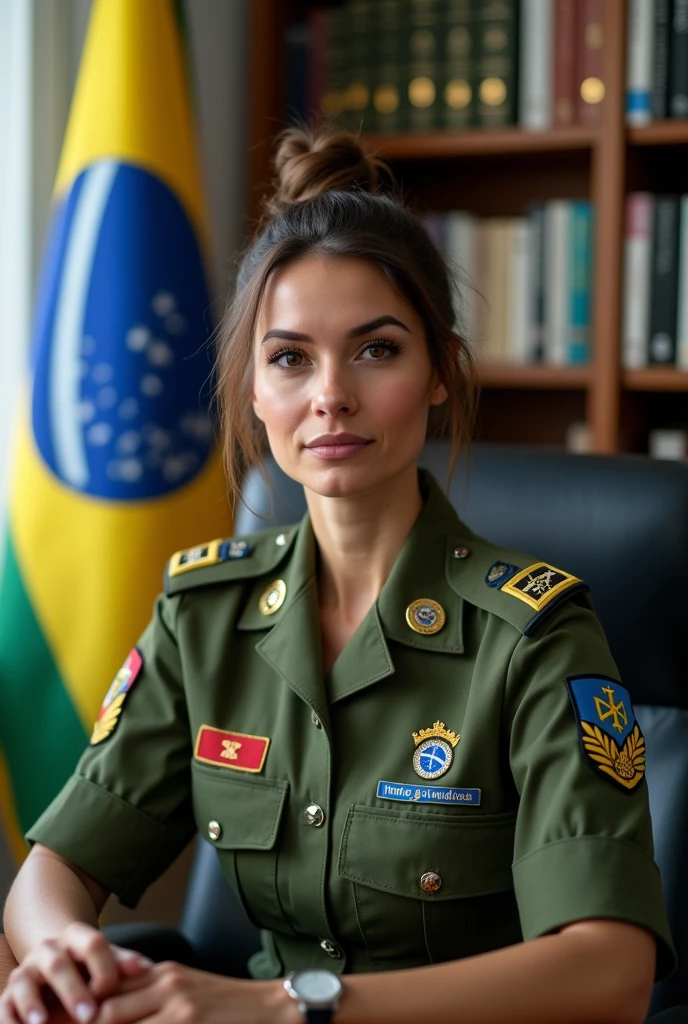 Illustrate a white woman lieutenant of the Brazilian army, infantry doctor, she has brown hair and it is tied up, she is wearing a green olive sergeant uniform of the Brazilian Army, she is sitting in an office in a chair and in the background there is a Brazilian flag and an integralist flag and several books