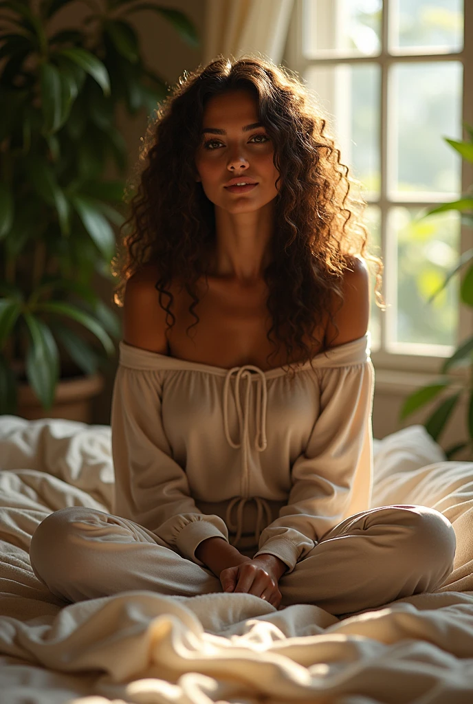 (photorealism:1.2), beautiful woman, sitting on bed, wearing loose off-shoulder top, pajama pants, long curly hair, indoors, soft lighting, plants in background, window with sunlight, cozy room, relaxed pose, realistic, intricate details, warm colors, by Greg Rutkowski, by Alphonse Mucha