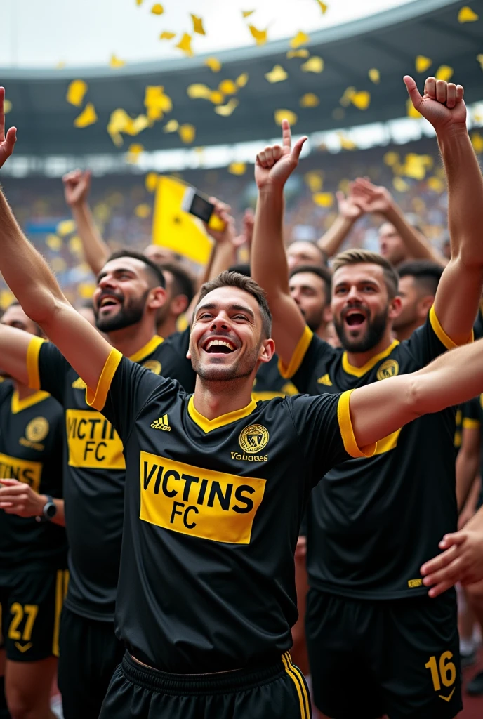 Create a uniformed soccer team fan club with the colors BLACK and yellow details. The name VICTINS FC should be printed on the shirt.