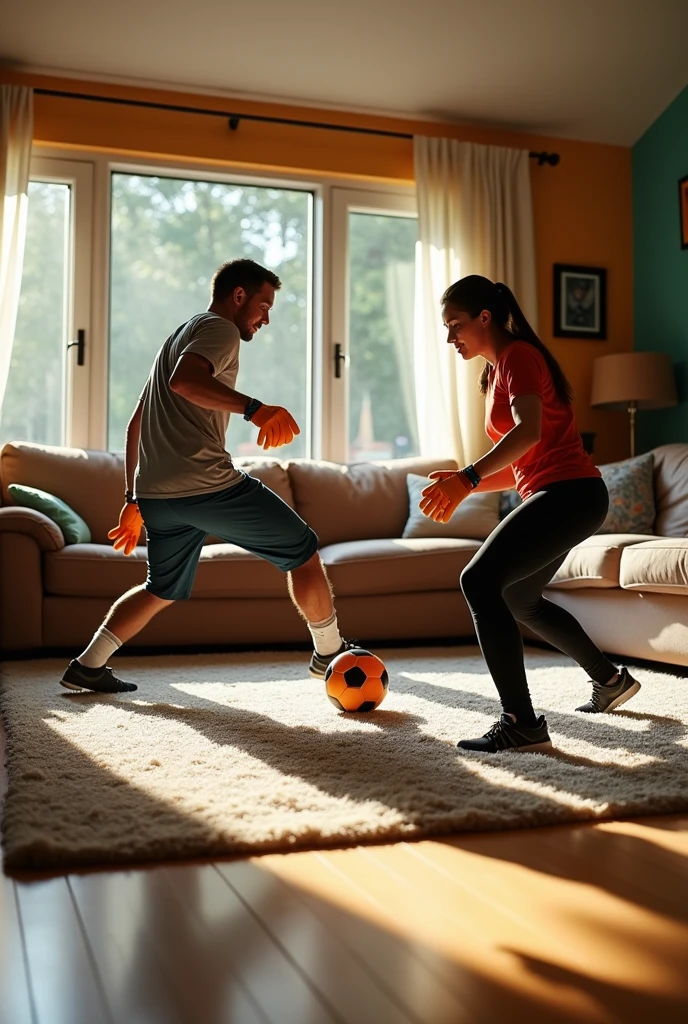 Man scoring a goal against a woman who is a goalkeeper in her house from a penalty kick