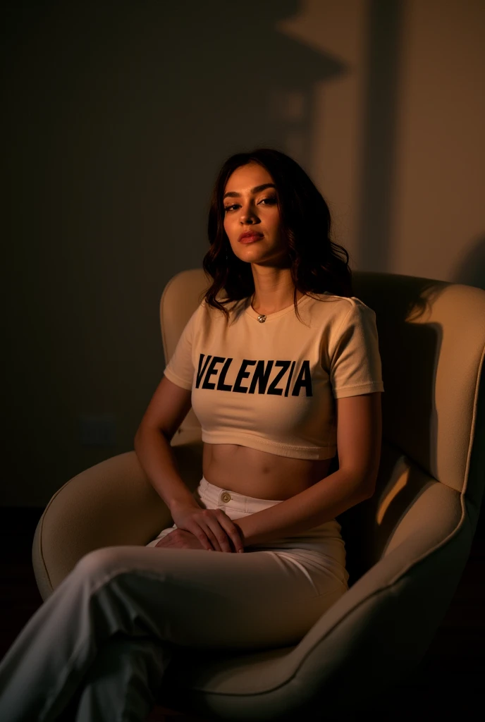 Make a photo of a model seating in a chair in dark view wearing a beige colour crop top and on the crop top it's written VELENZIA with black colour on it