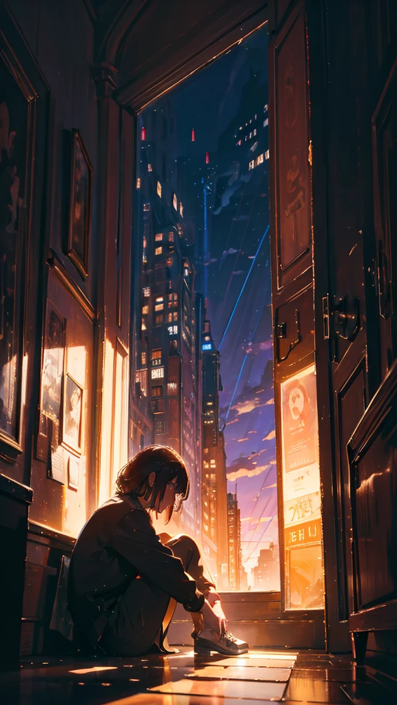 What more do I have to lose for my heart to be forgiven?、How much pain would it take to see you again?, Man sitting on the floor looking out the window, Modern buildings, Surrealism, chiaroscuro, cinematic lighting, UHD, high details, best quality, highres, 8k