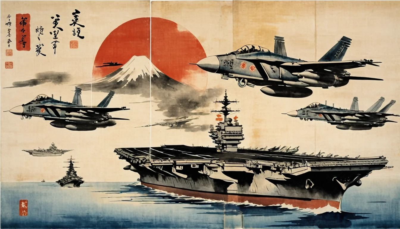 masterpiece,Aircraft carrier flying in the sky、Fighter、Japanese paintings drawn with ink and water,(Beautiful gradation created by layering),(Tarashikomi technique),(dynamic)、Ink Painting、Ukiyo-e、Chinese character、Faded、Movie Posters