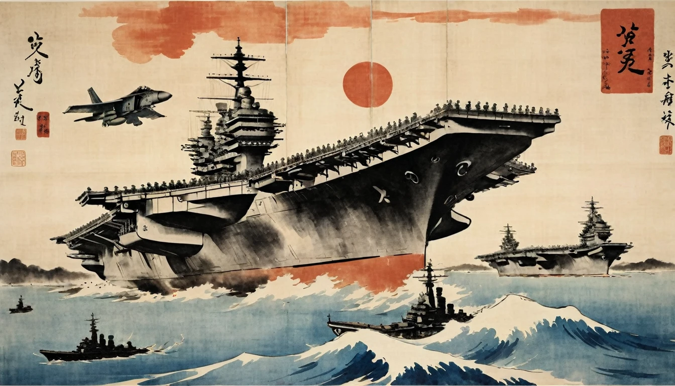 masterpiece,Aircraft carrier flying in the sky、Fighter、Japanese paintings drawn with ink and water,(Beautiful gradation created by layering),(Tarashikomi technique),(dynamic)、Ink Painting、Ukiyo-e、Chinese character、Faded、Movie Posters