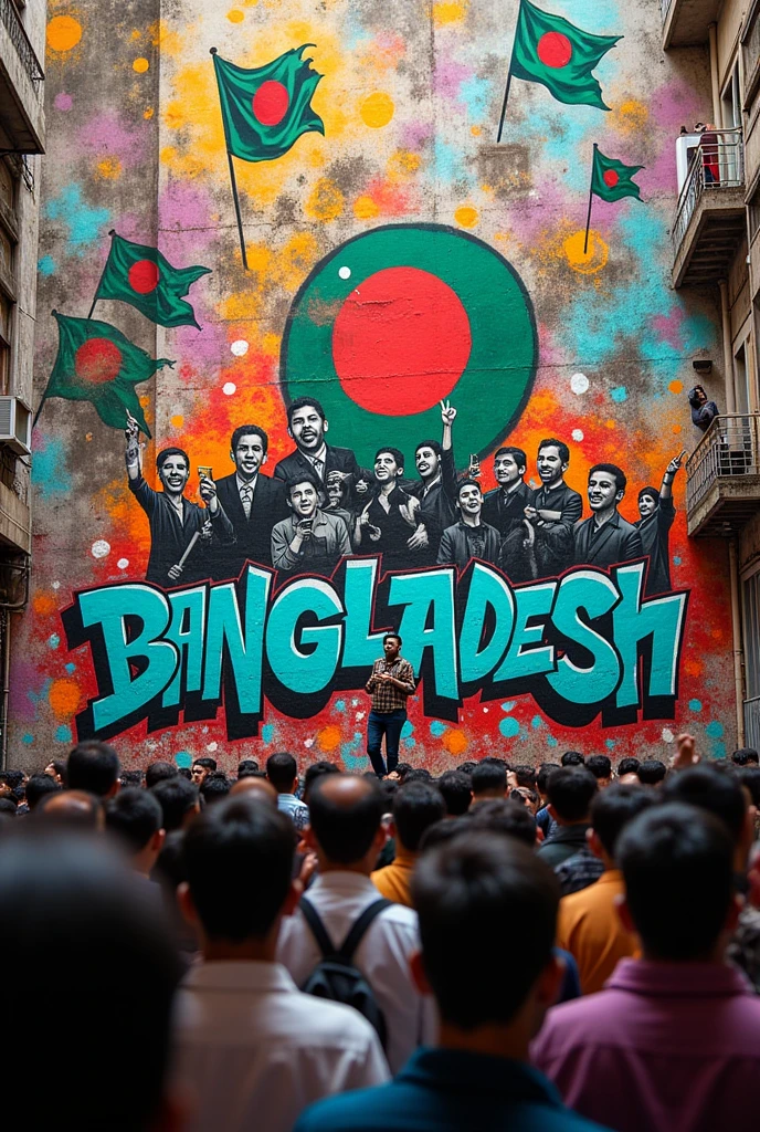 a graffiti art wall painting, detailed urban graffiti art, cityscape with graffiti art, people celebrating a victory, a group of people cheering, a large crowd waving flags, colorful graffiti-style text, vibrant street art, detailed graffiti characters, dynamic graffiti composition, light and shadow effects, grungy urban backdrop, Bangladesh flag, victory over a dictator, political protest art, freehand sketchy style, bold colors and shapes, dynamic movement, chaotic energy, detailed facial expressions, crowd interaction, inspirational message