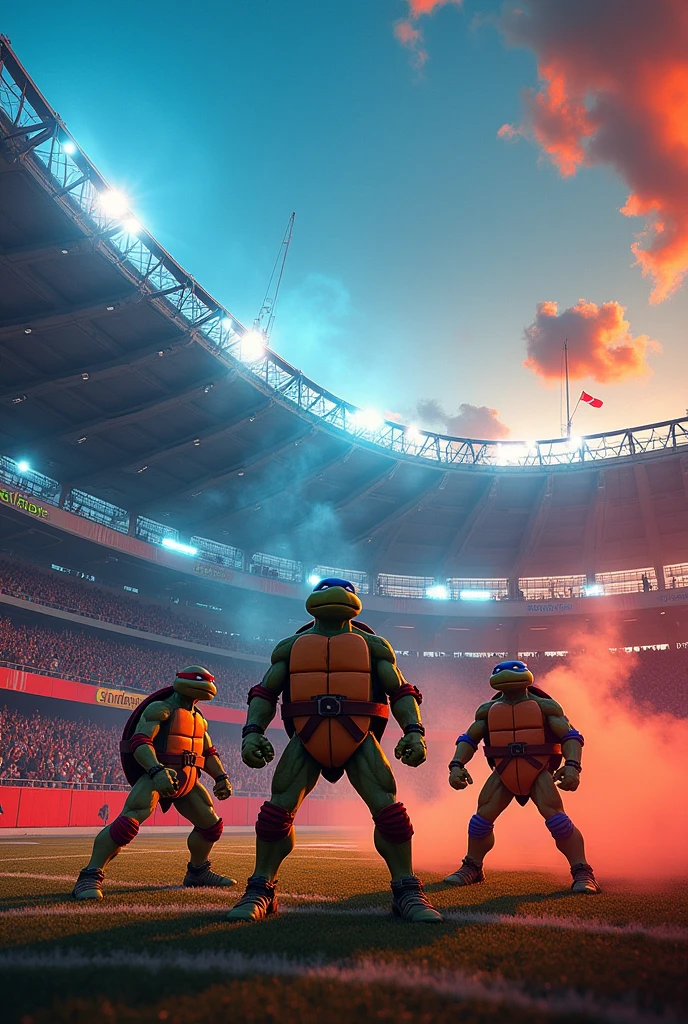 Modern blue and red football stadium with golden smoke, ninja turtles background and modern details gde