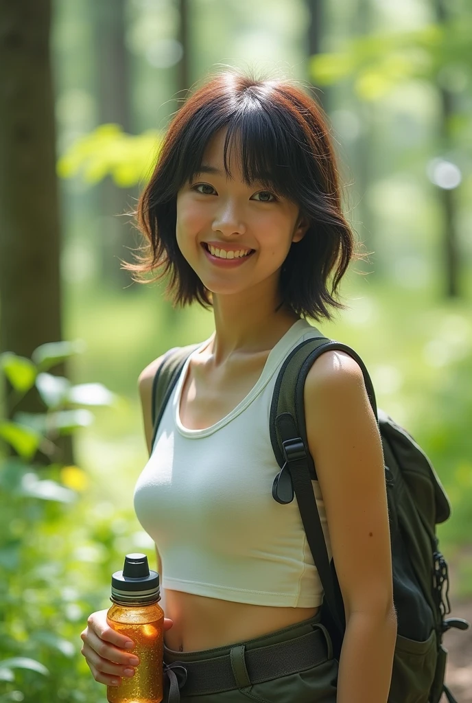 Beautiful Japanese Women, Minami Hamabe, Large Breasts,White tank top,Healthy sex appeal, A smile overflowing with motherly love, Beauty that makes everyone turn their heads, 夏のMountain, hiking, With a backpack, Short sleeve shirt, Outdoorスポーツパンツ, Trekking pants, Trekking boots,short hair:1.2, Realistic, Dark brown hair, smile, ,Are you okay, 33-year-old woman, Cute droopy eyes, White skin, Sweat,Wet lips, Brown eyes, high quality, Ultra-realistic, Upper body selfie, happiness, masterpiece, 最high quality, Very detailed, alone, Outdoor, Mountain, forest, Nature Lee, Hilarious, happiness, I have a water bottle., Shadow, Contrast, sunny, Warm colors, Warm colors調:1.2, close, Cinematic Light, Side light, Ultra-high resolution, Best Shadow, Kodak Vision 3,Baby Face,Blushing,
