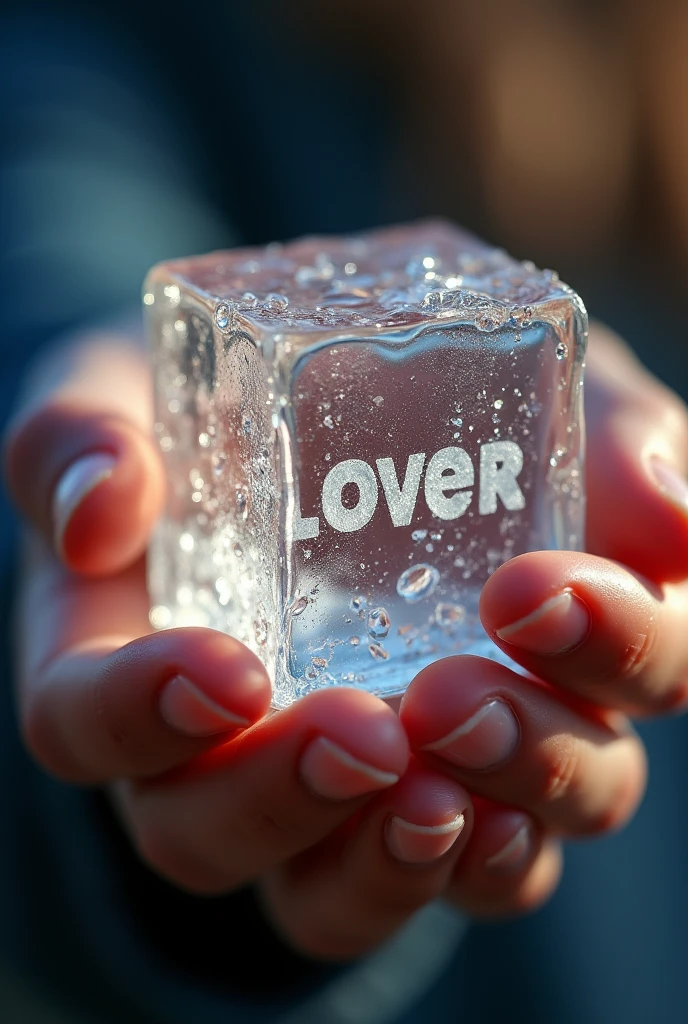 a closeup of a hand holding a melting ice cube, the ice cube is made up of the word "love", intricate details, hyper realistic, crystalline ice, delicate fingers, dramatic lighting, warm color palette, cinematic composition, photorealistic, detailed textures, high quality, 8k, masterpiece
