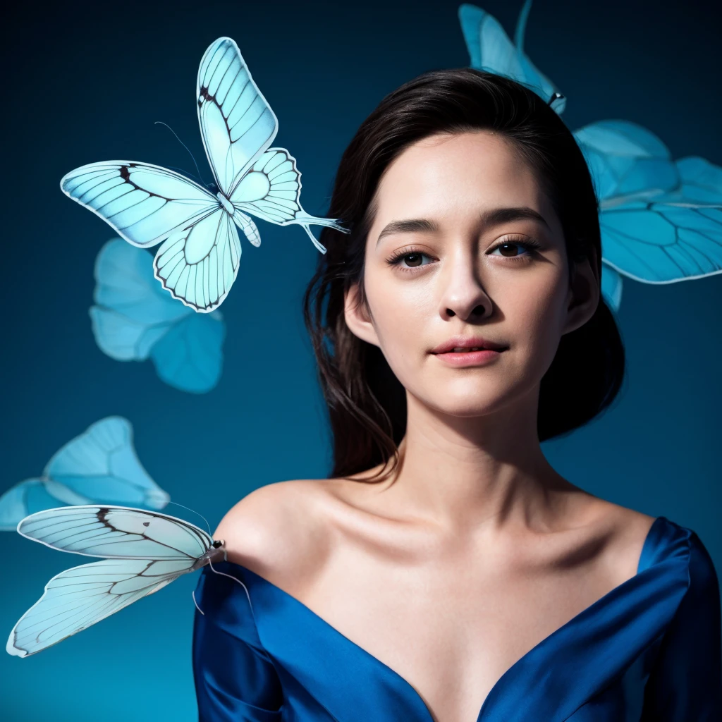 1girl, quite a bit body, ultrarealistic digital photo render art of a beautiful gorgeous young cute Asian woman, 24yo., looking at viewer, detailed face, Realistic texture human skin, bright glowing face, curved eyebrows, droopy hooded eyes, low nasal bridge, wavy nose, wind tousled bob hair, (((young Marion Cotillard  blended face mixed with young Anne Hathaway))), emerging from the heart of a large glass Butterfly_pea. Bright smile. Its petals, shimmering like teardrops in the moonlight, unfurl to reveal her ethereal form. Her long hair flows like shadows, cascading around her like liquid night, illuminated by the soft glow emanating from the glass Butterfly_peas. enduring power of nature, bright blue body suit nightgown,