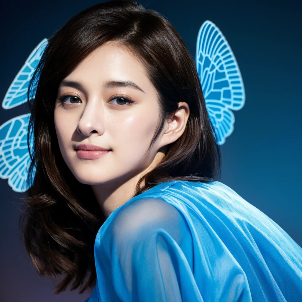 1girl, quite a bit body, ultrarealistic digital photo render art of a beautiful gorgeous young cute Asian woman, 24yo., looking at viewer, detailed face, Realistic texture human skin, bright glowing face, curved eyebrows, droopy hooded eyes, low nasal bridge, wavy nose, wind tousled bob hair, (((young Marion Cotillard  blended face mixed with young Anne Hathaway))), emerging from the heart of a large glass Butterfly_pea. Bright smile. Its petals, shimmering like teardrops in the moonlight, unfurl to reveal her ethereal form. Her long hair flows like shadows, cascading around her like liquid night, illuminated by the soft glow emanating from the glass Butterfly_peas. enduring power of nature, bright blue body suit nightgown,