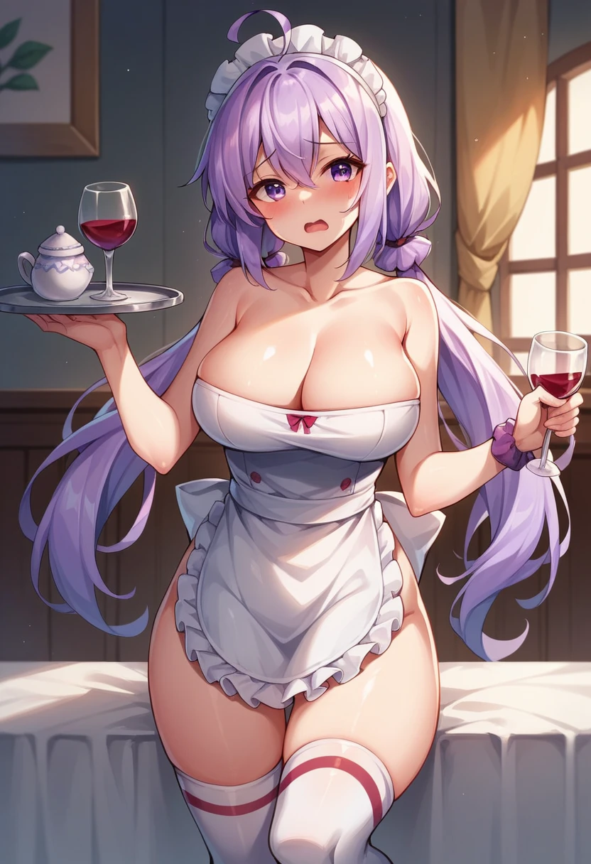 Yukinecris, alone, solo, long hair, breasts, looking at viewer, blushing, mouth open, large breasts, knee-high socks, holding, cleavage, pigtails, standing, purple eyes, collarbone, ahoge, white hair, frills, shiny, indoors, apron, shiny hair, white knee-high socks, cup, shiny skin, maid's headdress, low pigtails, embarrassed, scrunchie, covering, nude apron, lilac hair, cup, tray, wine glass, holding tray
