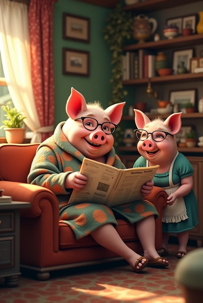 animation of grown up fat big size old father pig wearing a house robe and glasses is sitting on a sofa and reading newspaper in a comfy pig home, and old mother pig is smiling and cleaning the house wearing apron and glasses on the other side of the room animation