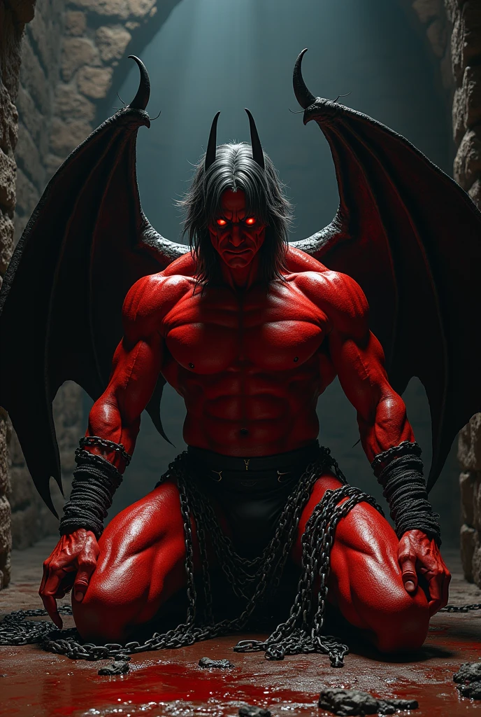 hairy chest, body only, muscular, red skin, dark gray hair, knight kneeling, huge pecs, huge body, big arms, eight-pack abs, black jockstrap, big bulge with balls, chain bind around body, Lu Bu fuck Dong Zhou, bat wings, two black small horns, demon, red pupils, red iris, black sclera, spiral eyes, red skinned, big penis, bondage