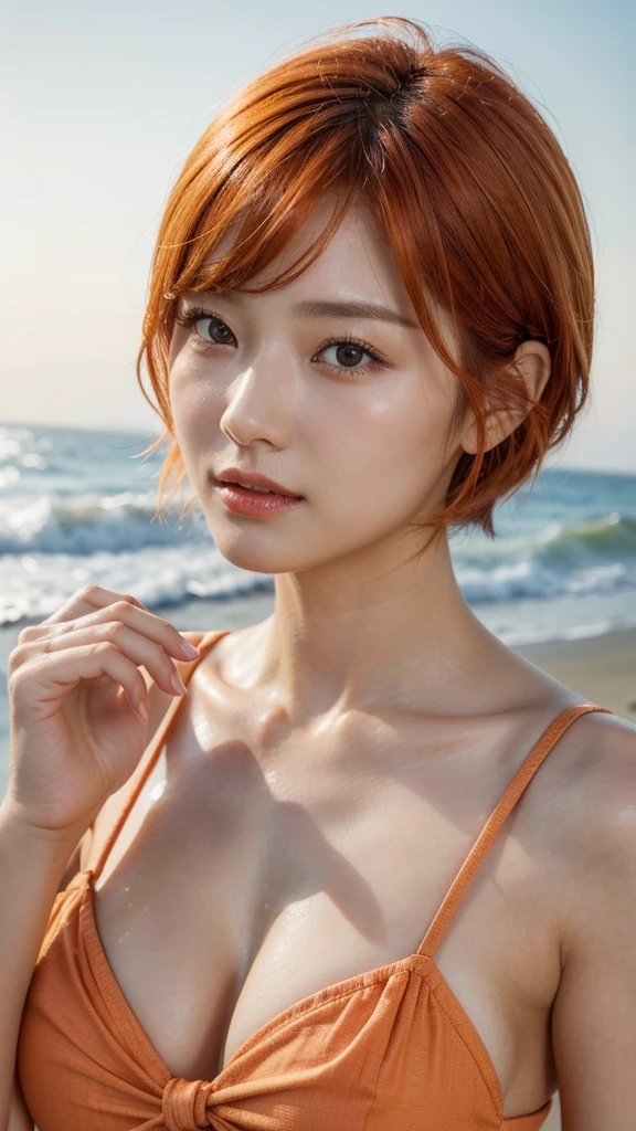 Model actress、One Woman、cool、Japanese and half European、Close-up of face、30 generation beauty、Realistic Skin、4K images、bright orange hair、Short Hair、Seaside