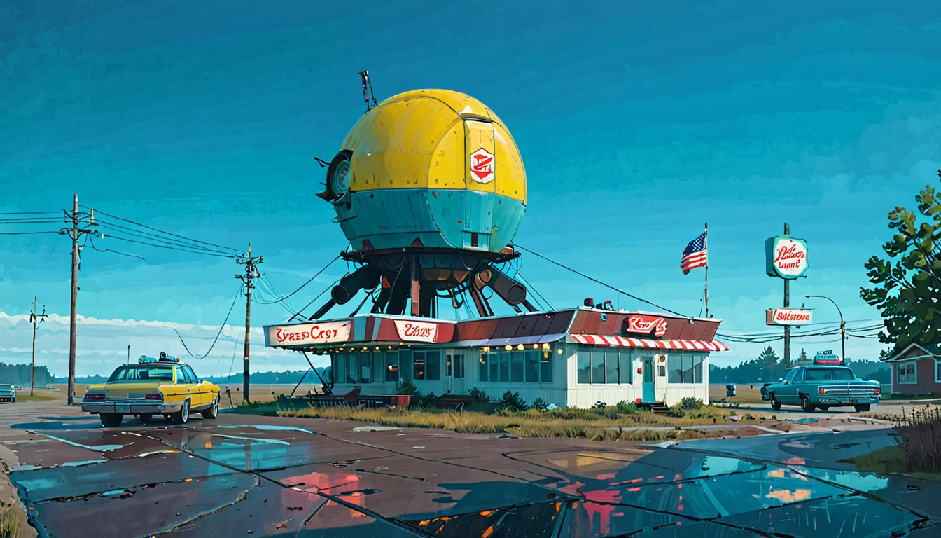 (lora:21Stalenhag:1),(masterpiece), (best quality), (ultra-detailed), (best illustration), (best shadow), (absurdres),((draw by Simon Stlenhag)), ((draw by Simon Stlenhag)), Simon Stlenhag style,SIMON STÅLENHAG,(((American Diner))), Americana Architecture