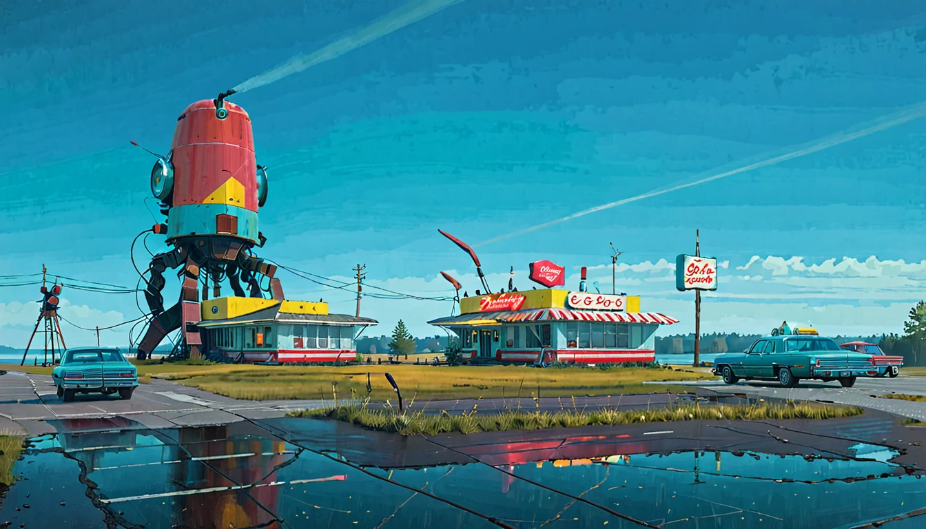 (lora:21Stalenhag:1),(masterpiece), (best quality), (ultra-detailed), (best illustration), (best shadow), (absurdres),((draw by Simon Stlenhag)), ((draw by Simon Stlenhag)), Simon Stlenhag style,SIMON STÅLENHAG,(((American Diner))), Americana Architecture