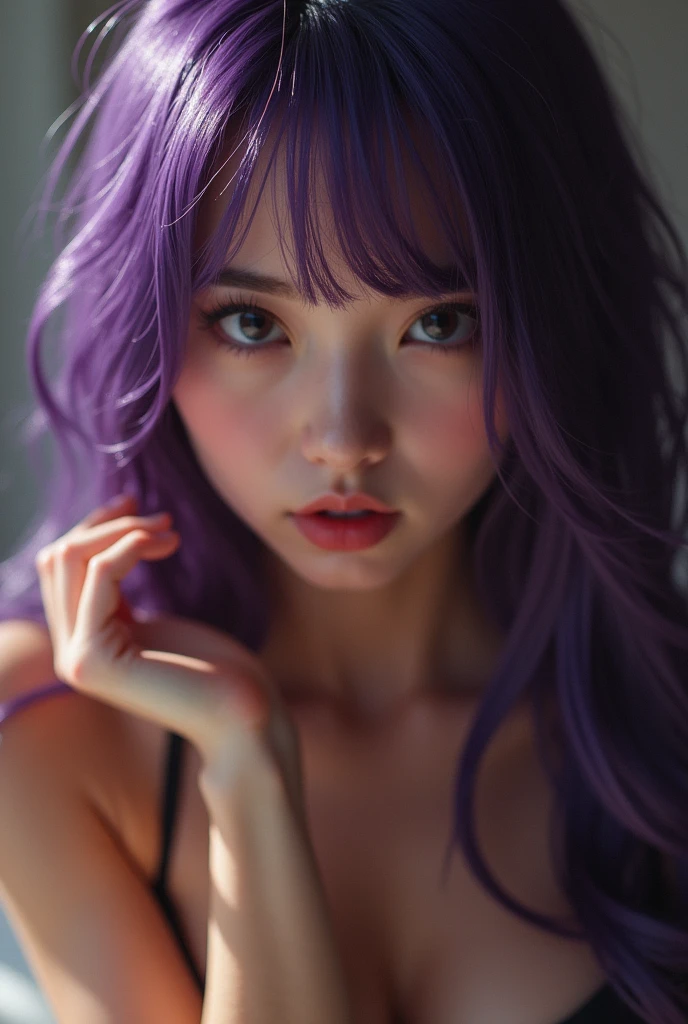 (photorealism:1.2), beautiful woman, nude, asain, purple hair, woman, pussy, orgasm, close up, view from below, realistic