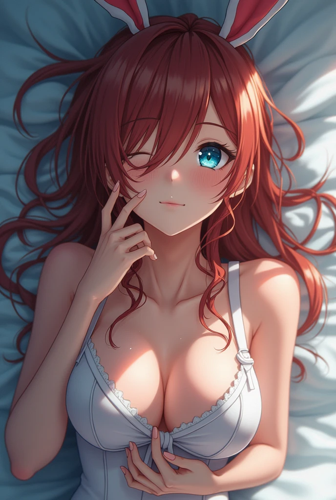 1 girl, alone, Asuna, , (( throw)), ( Supine position,)), ((Bird's-eye view )), ((Bust up shot)) ,( Close-up shot)), ( ( Fisheye Lens)), return, Cleavage, (Bunny Suit, pantyhose), Lying in bed, look up, (blush: 1.3, Sweating: 1.3), (White teeth), Wet, smile, smile, Happy, (High resolution), (High resolution), (High resolution), (High resolution), (Absurd), (最high quality), (high quality), (masterpiece), Shy Staircase Hair, ((Hair on one eye))), (big), Wet, Sweaty, Embarrassing, 8k, High resolution, Cleavage, Cinema Lighting, Beautiful fingers, Well-formed fingers, Attention to detail, Sony FE GM, cute, Drooling, Sweatをかいた, Wet, Huge, White skin, Light Hair, blushing cheeks, clear White skin, Glowing Eyes, Colored contact lenses, Anime Style, Motion Lines, Sparkling eyes, dripping Sweat, Shiny Hair, After the fact, big starry eyes, Drooling, Sweat, blue eyes, Long Hair, Hello, ((Hair on one eye)), 美しいAttention to detail目, 美しいAttention to detail鼻, whole body, Wet hair, big, (Chest Chiller), ( Plump, (Bright red areola, (Nipple Chiller)), (Dramatic lighting)), (Wet)), (See through)), ((very transparent)), (Seductive pose)))), ((White skin: 1.4)), 2, 2 Areola, (Narrow waist: 1.8),Voice of the Heart