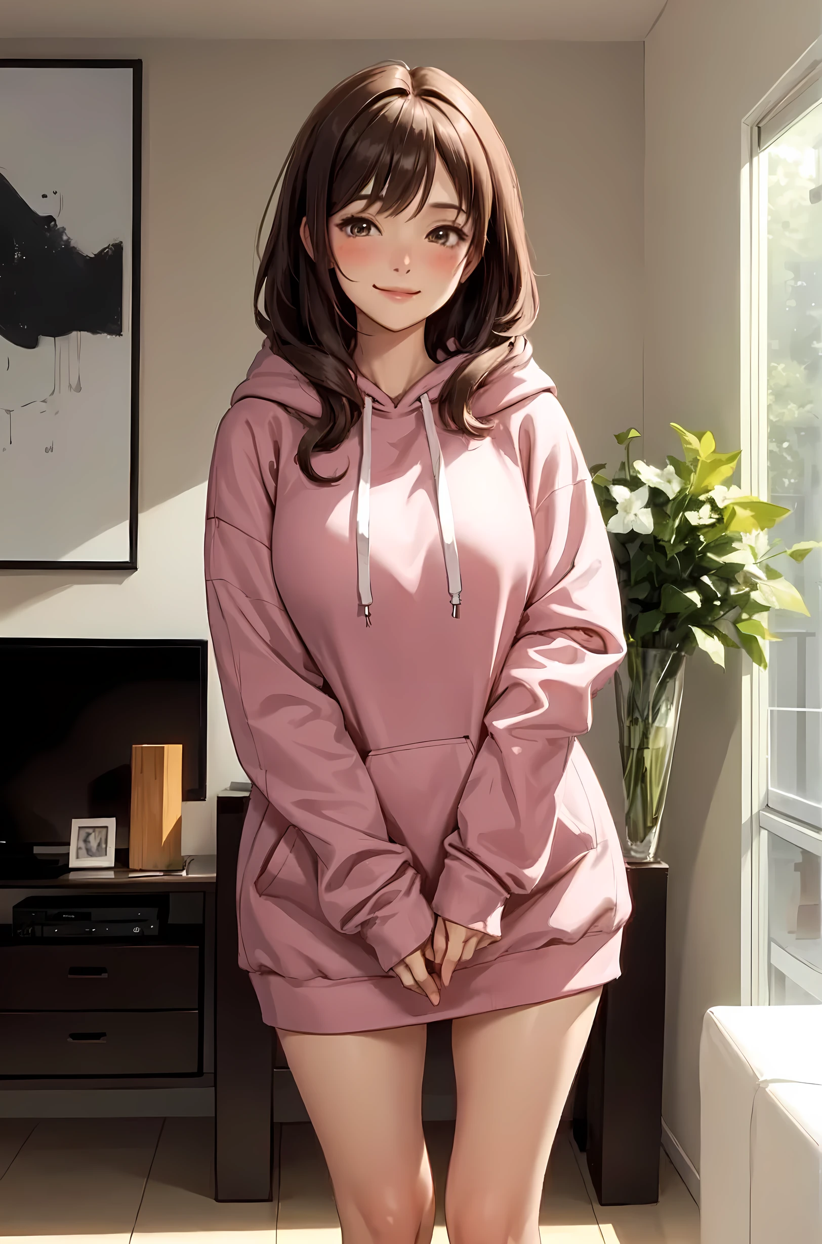 1lady standing, /(oversized hoodie/), mature female, /(brown hair/) bangs, blush kind smile, (masterpiece best quality:1.2) delicate illustration ultra-detailed, large breasts BREAK /(modern house living room/) indoors