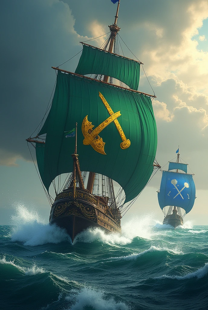 A saleship with green flag with a golden pikeaxe drawing on it, it is fighting a lil ship with blue and silver flag