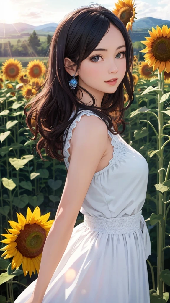 (beste-Qualit、in 8K、32K、masterpiece、RHG:1.3)、(a photorealistic:1.4)、Photo of Pretty Japanese woman,Small hair ornament、actionpose、Sleeveless white summer dress, sunflowers fields、Sun glare,depth of fields,blurry backround,lensflare,Sunflower background、blue-sky