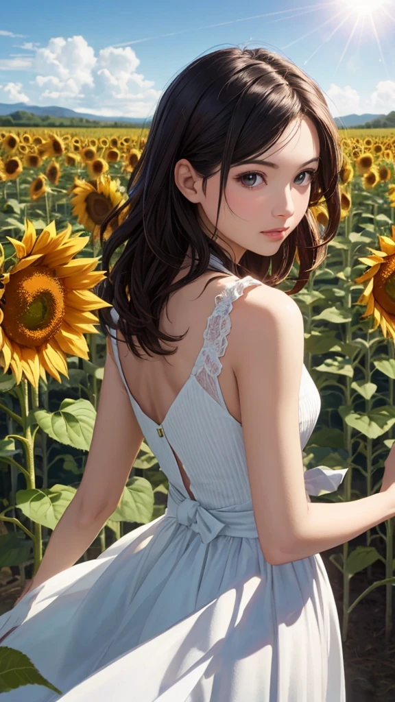 (beste-Qualit、in 8K、32K、masterpiece、RHG:1.3)、(a photorealistic:1.4)、Photo of Pretty Japanese woman,Small hair ornament、actionpose、Sleeveless white summer dress, sunflowers fields、Sun glare,depth of fields,blurry backround,lensflare,Sunflower background、blue-sky