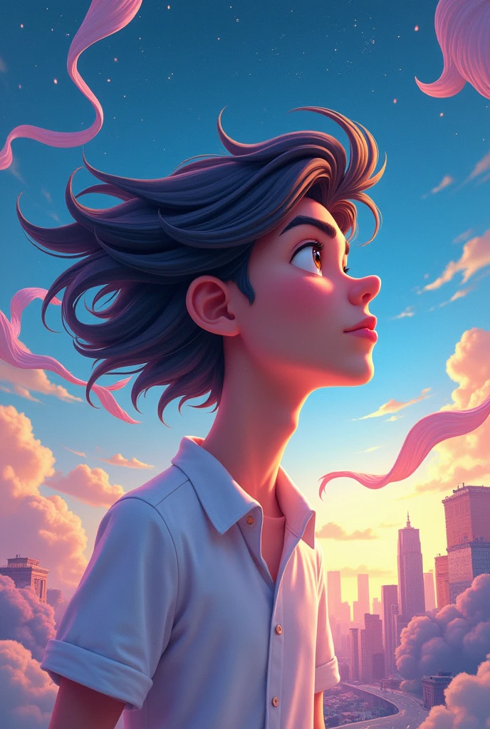 Animated representation of a person in motion thinking about their future