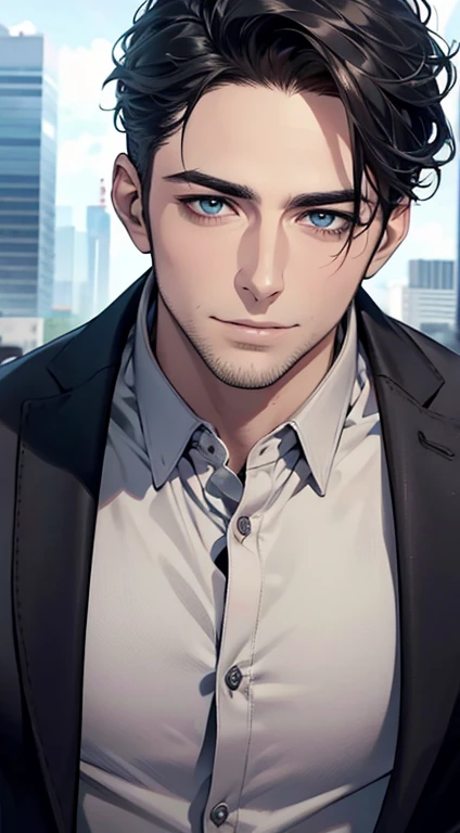 (best quality,4k,8k,highres,masterpiece:1.2),ultra-detailed,(realistic,photorealistic,photo-realistic:1.37),1 man,31 years old,mature man,very handsome,without expression,smile,short grey black hair,blue eyes,penetrating gaze,perfect face without errors,imposing posture,businessman,office background,cinematic lighting,hdr image