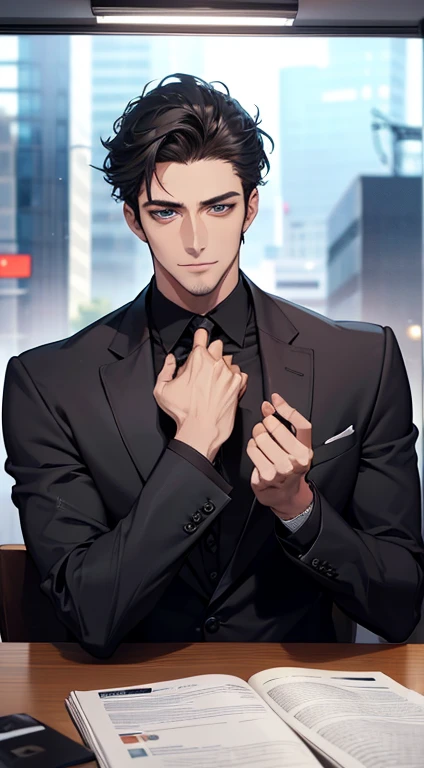 (best quality,4k,8k,highres,masterpiece:1.2),ultra-detailed,(realistic,photorealistic,photo-realistic:1.37),1 man,31 years old,mature man,very handsome,without expression,smile,short grey black hair,blue eyes,penetrating gaze,perfect face without errors,imposing posture,businessman,office background,cinematic lighting,hdr image