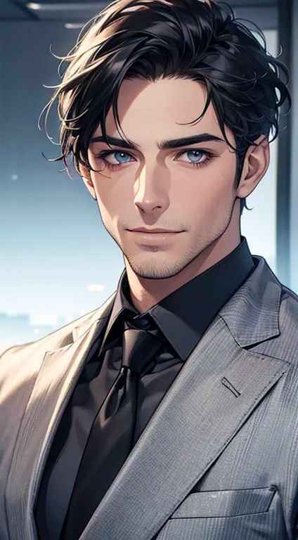(best quality,4k,8k,highres,masterpiece:1.2),ultra-detailed,(realistic,photorealistic,photo-realistic:1.37),1 man,31 years old,mature man,very handsome,without expression,smile,short grey black hair,blue eyes,penetrating gaze,perfect face without errors,imposing posture,businessman,office background,cinematic lighting,hdr image