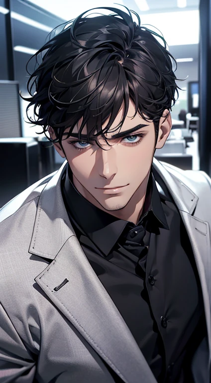 (best quality,4k,8k,highres,masterpiece:1.2),ultra-detailed,(realistic,photorealistic,photo-realistic:1.37),1 man,31 years old,mature man,very handsome,without expression,smile,short grey black hair,blue eyes,penetrating gaze,perfect face without errors,imposing posture,businessman,office background,cinematic lighting,hdr image
