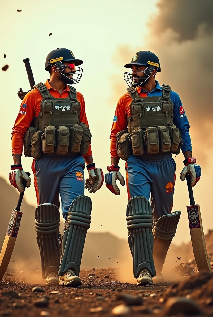 Create photo of Indian cricketers in combat field during war, Rohit sharma, hardik pandya
