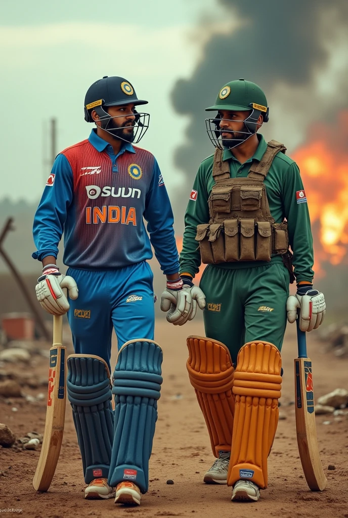 Create photo of Indian cricketers in combat field during war, Rohit sharma, hardik pandya