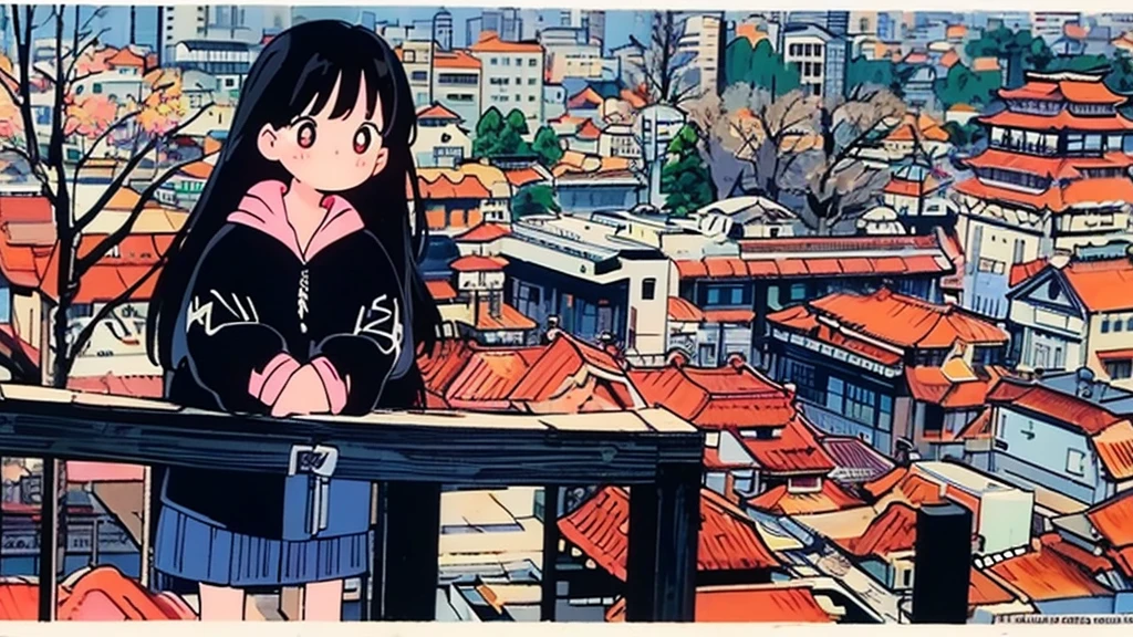 masterpiece、8k、32K、Highest quality、(Cute Japanese Woman:1.3)、Detailing、One Girl、elegant、23 years old、(Black hair bangs)、(Hoodie:1.35)、urban landscape background、four-headed body