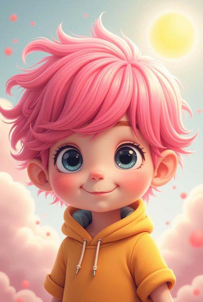 Boy with pink hair, large black eyes, messy hair, cute, pretty 