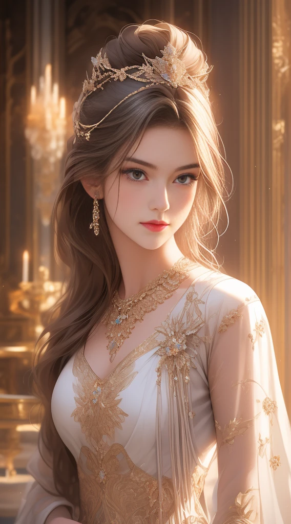 (Highest quality,8k,High resolution,masterpiece:1.2),Very detailed,(Realistic,Realistic,Photorealistic:1.37),Portraiture,Creative style artwork,historic,Classic,Sophisticated,Variety of colors,Very detailed,Soft lighting,Luxurious surroundings、,Bright flowers,Elaborate jewelry,Ethereal atmosphere,Elegant Pose,Graceful curves,Gold Body Proportion,Flowing Hair,Breathtaking textile patterns,Stern purple eyes,Delicate flower decorations,A stunning array of crystal accessories,Mysterious and dreamy atmosphere,Perfect attention to detail.The count's daughter and her lover look at each other and smile happily、lover、like、Sparkling