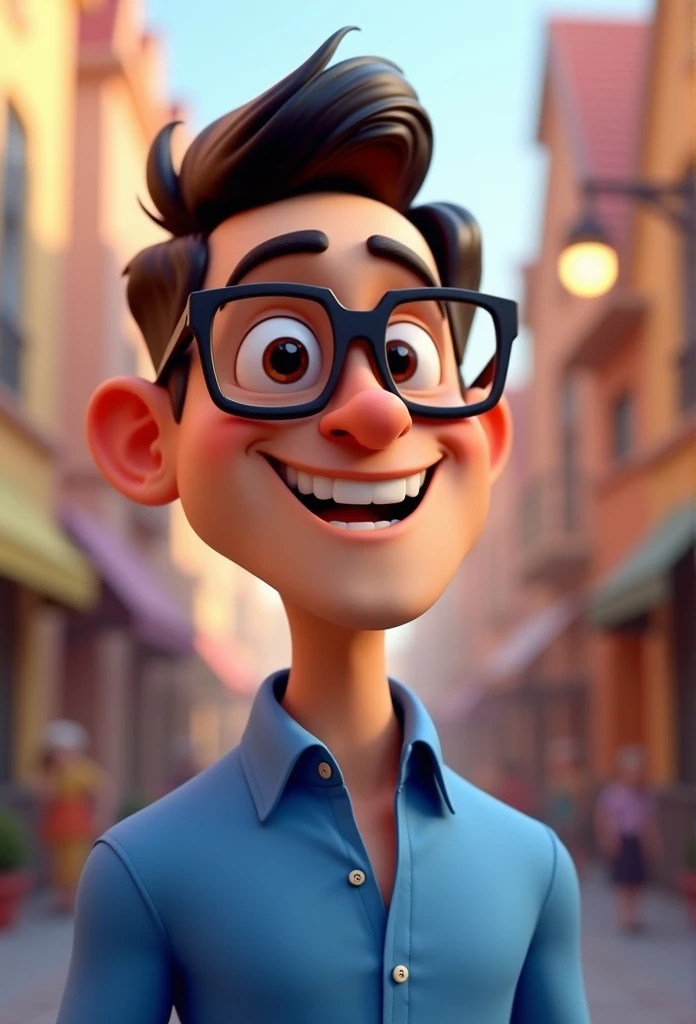 Cartoon character of a man in black glasses and blue shirt, animation character, stylized character, animation style rendering, 3d stylized, Arnold Maya rendering, Stylized 3D rendering, toon render screenshot, 3d character, 3d character, Stylized 3D rendering, 3D character rendering, cartoon character, Personagem de close up, character posing, (Pixar-style) (master part:1.2) (bokeh) (best qualityer) (skin detailed) (detailed texture) (8k) (Argilla) (cinematic lighting) (sharp focus