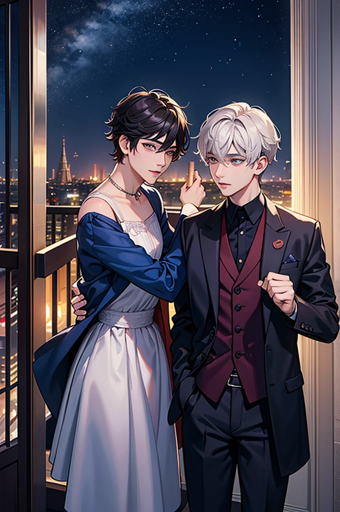 Can you make me a book cover where two people are falling in love and meeting again as doctor and patient?, One of the boys is Taehyung from BTS and the other is Jungkook from BTS, You can place them on a balcony at night , The image is facing forward, It's like they are talking but they are not close to each other, They are looking towards the front of the city and they are not looking at each other, They are casually dressed, A romantic love story between a man and a woman