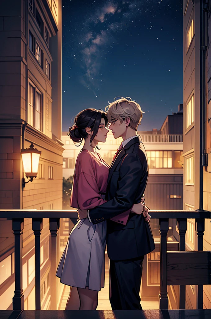 Can you make me a book cover where two people are falling in love and meeting again as doctor and patient?, One of the boys is Taehyung from BTS and the other is Jungkook from BTS, You can place them on a balcony at night , The image is facing forward, It's like they are talking but they are not close to each other, They are looking towards the front of the city and they are not looking at each other, They are casually dressed, A romantic love story between a man and a woman