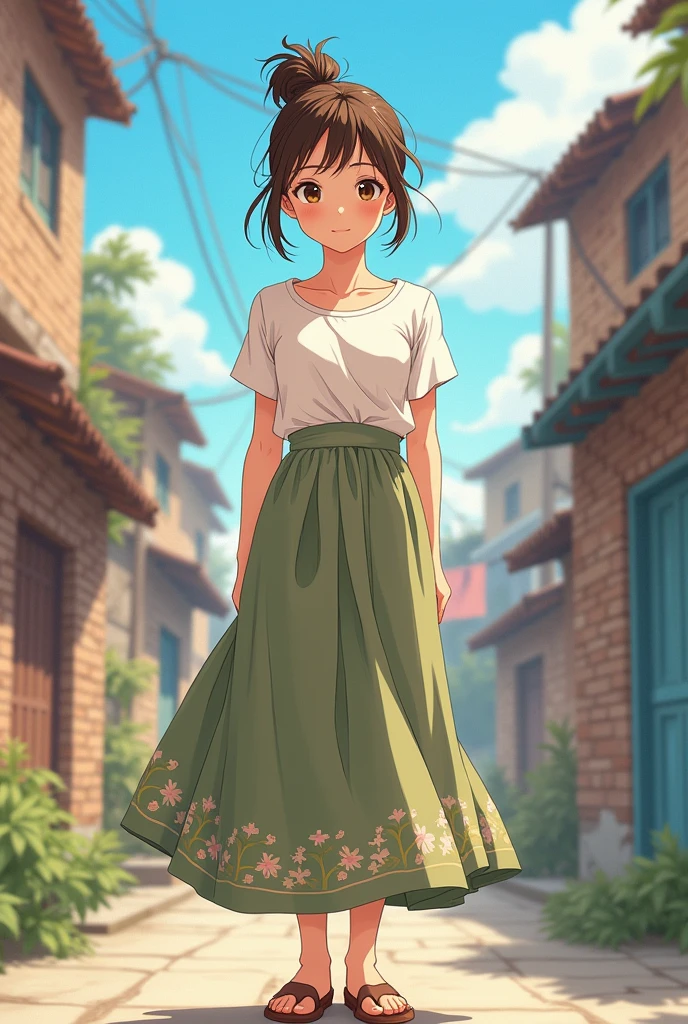 Anime-style drawing of a woman facing forward, 38 years old, a poor mother wearing a long skirt and her hair tied up.