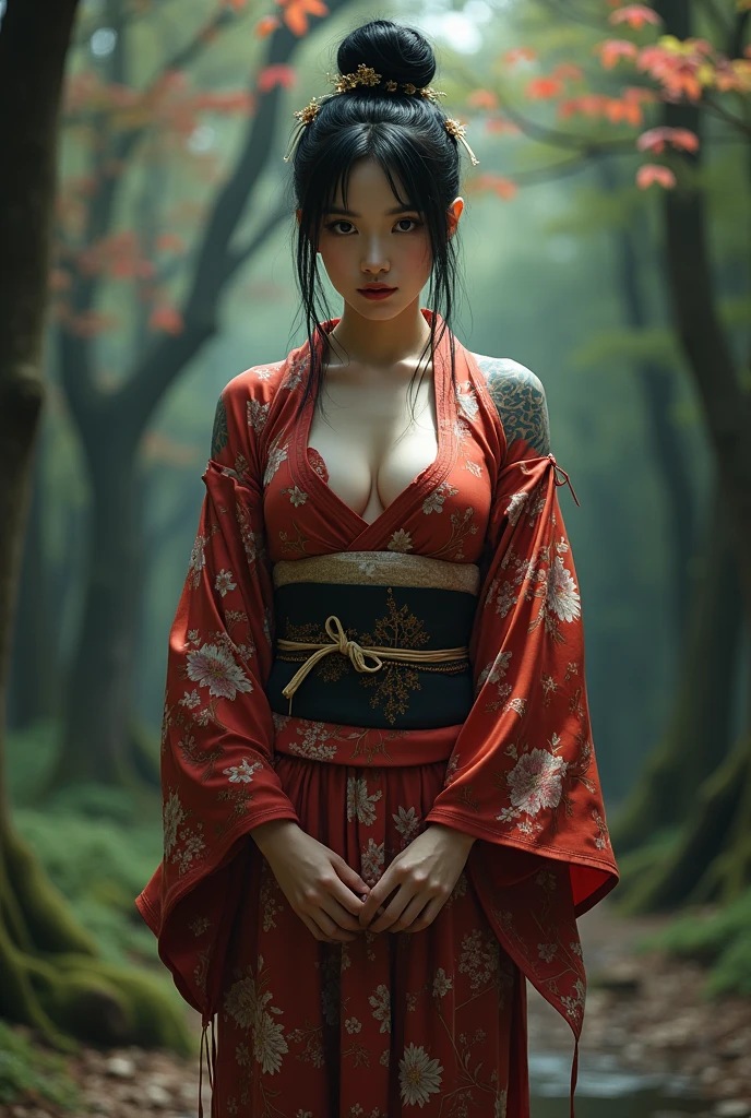 Japanese woman,Beautiful,40 years old,thick bodied,white skin yakuza tattoos,big chested,big ass,thick thighs,expression of lust,black hair color in bun,brown eye color,dressed in a kimono,full body photo distance,dynamic point of view,wide open leg pose,spring forest place,dim light,photo realism style